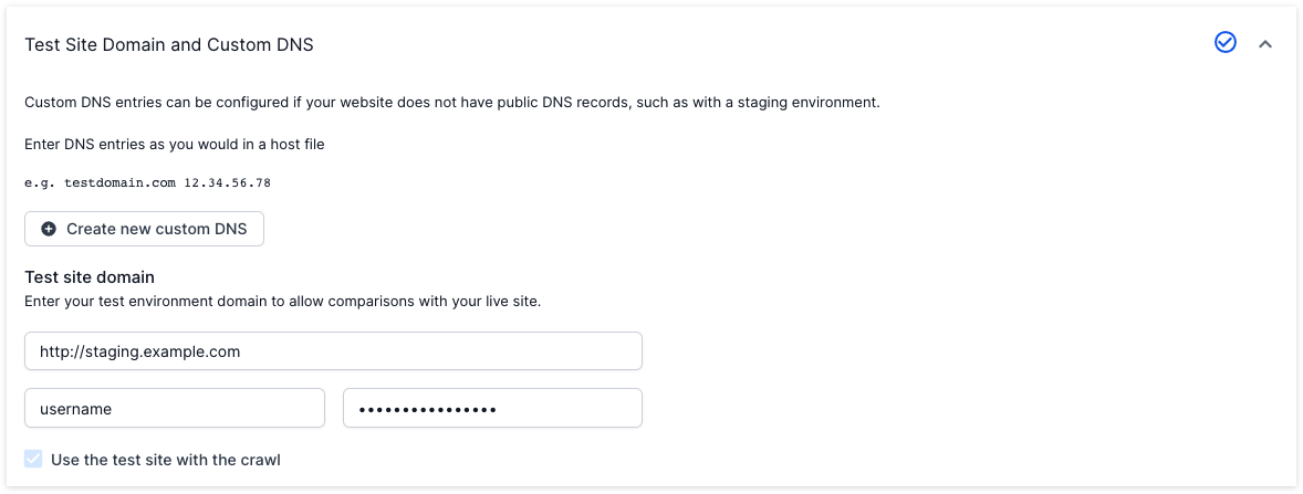 Compare a test website to a live site - Test website settings