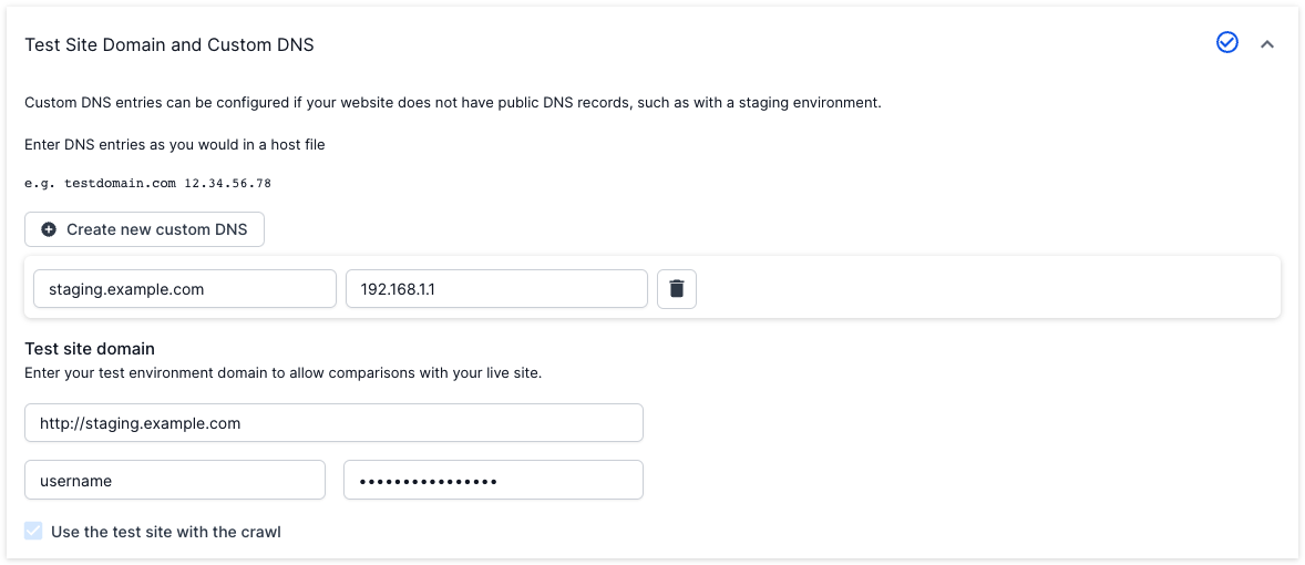 Compare a test website to a live site in Lumar - Sites without public DNS records