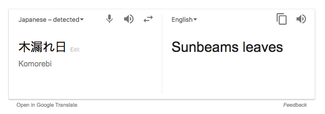 Komorebi translated into 'sunbeams leaves' in Google Translate