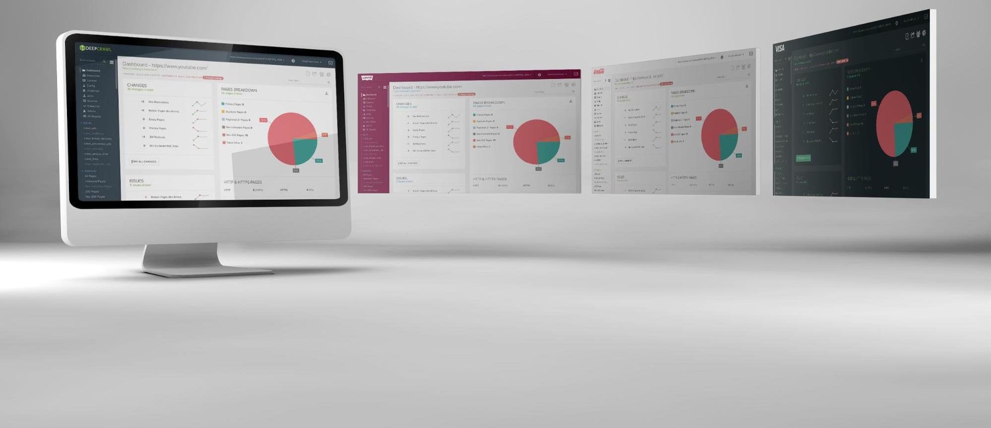 Screens showing DeepCrawl dashboards