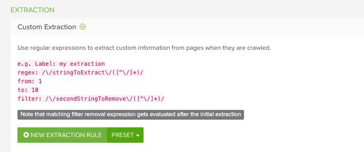 Screenshot of the custom extraction section in DeepCrawl