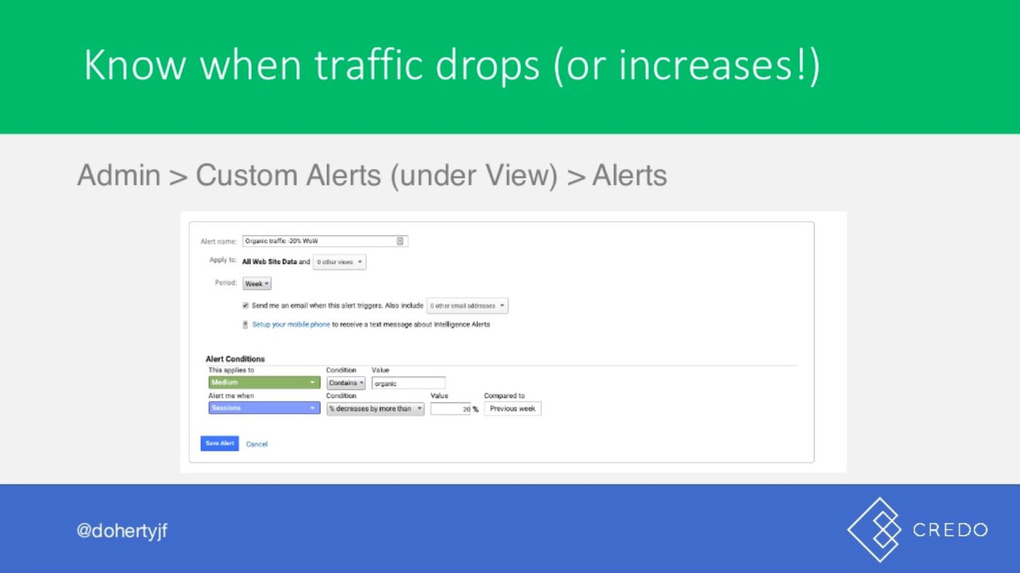 John Doherty's slide showing custom alerts in Google Analytics