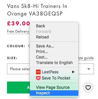 Inspect element for product page price