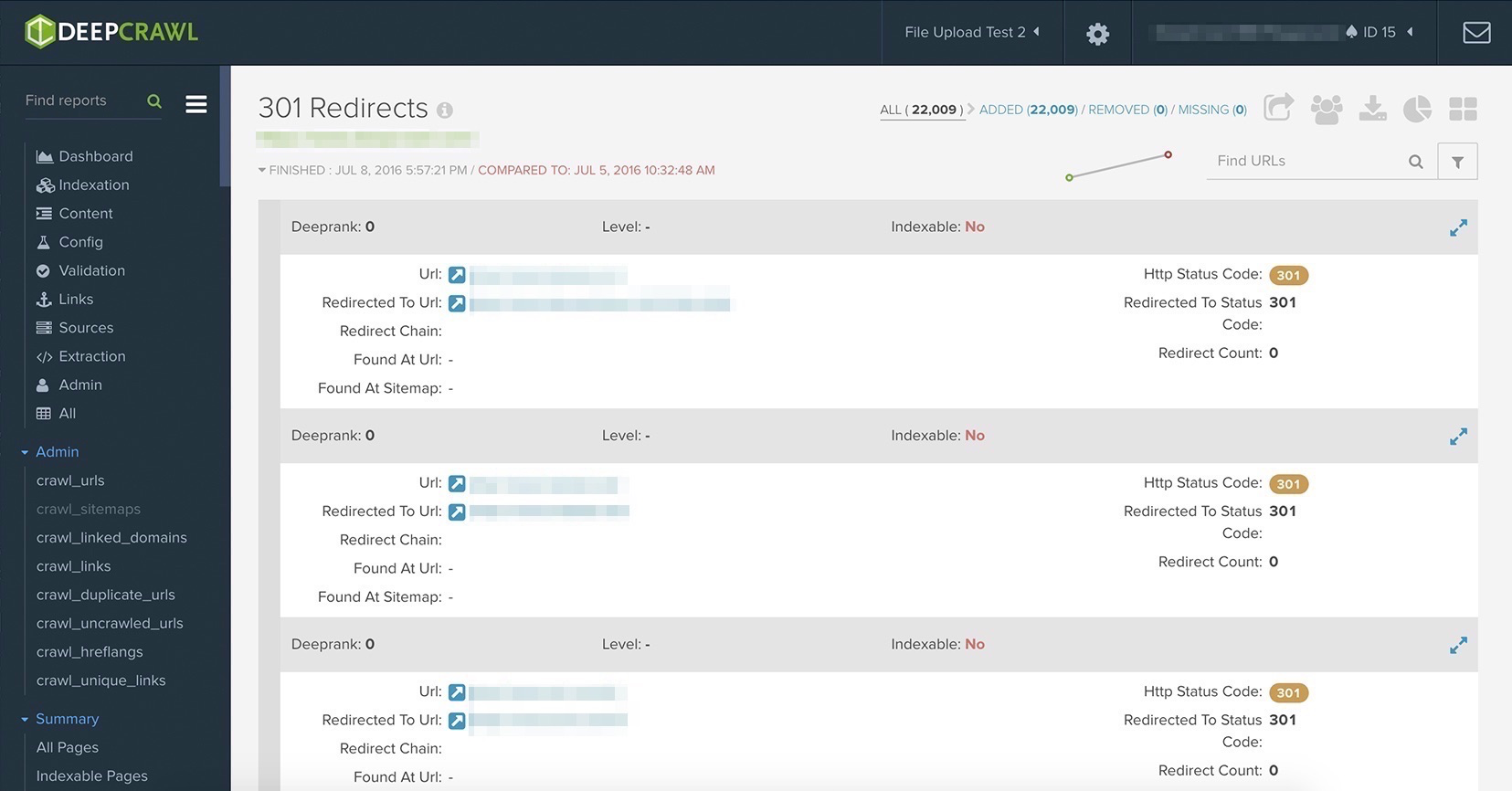 DeepCrawl's 301 Redirects Report