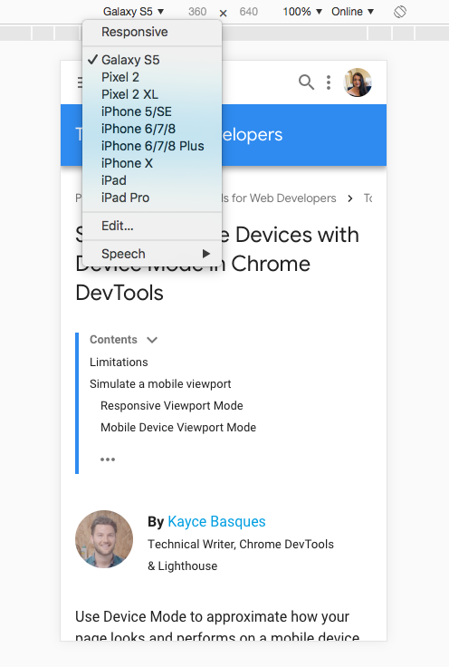 Chrome DevTools device options