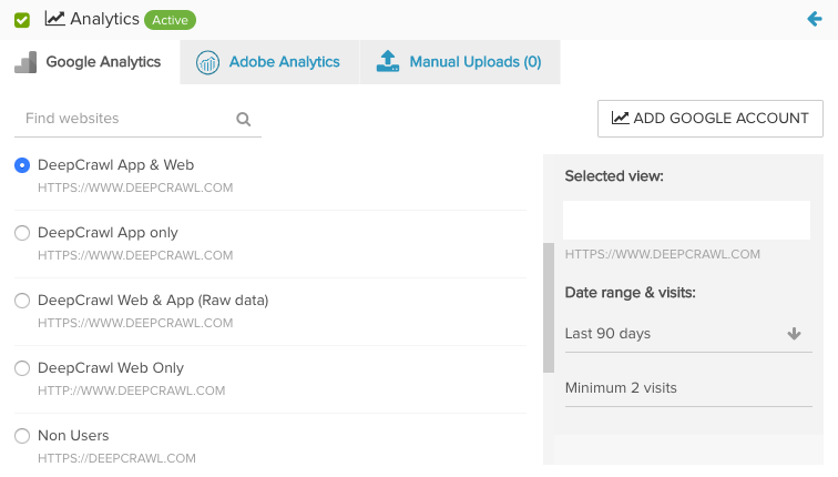 Integrate Google Analytics accounts in DeepCrawl