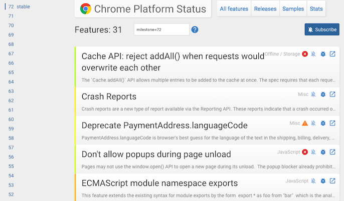 Screenshot of Chrome 72 platform status