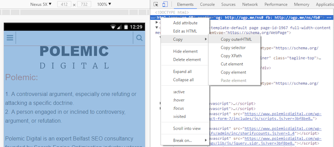 Screenshot showing how to copy outerHTML