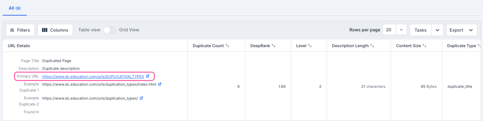 Lumar - Primary URL - Table View