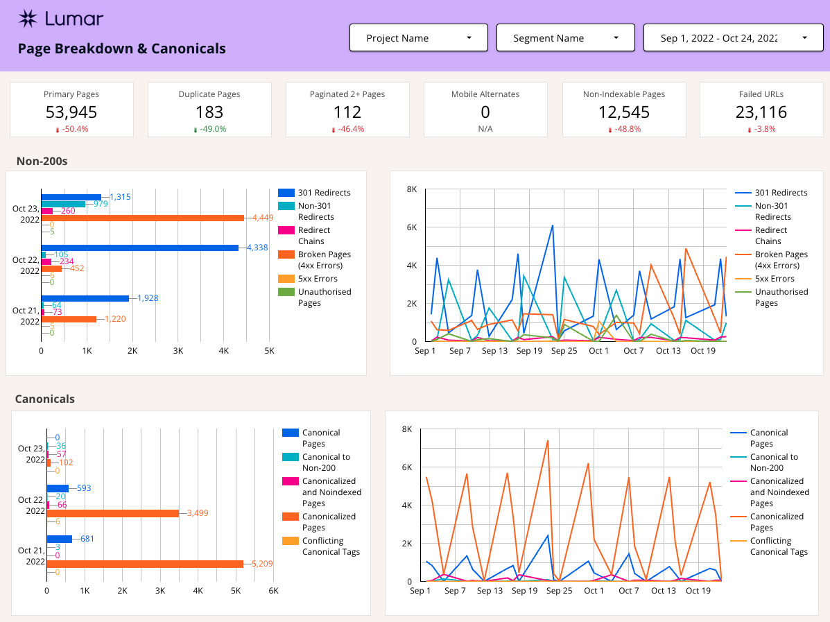 Lumar Google Data Studio Template - Page Breakdown & Canonicals