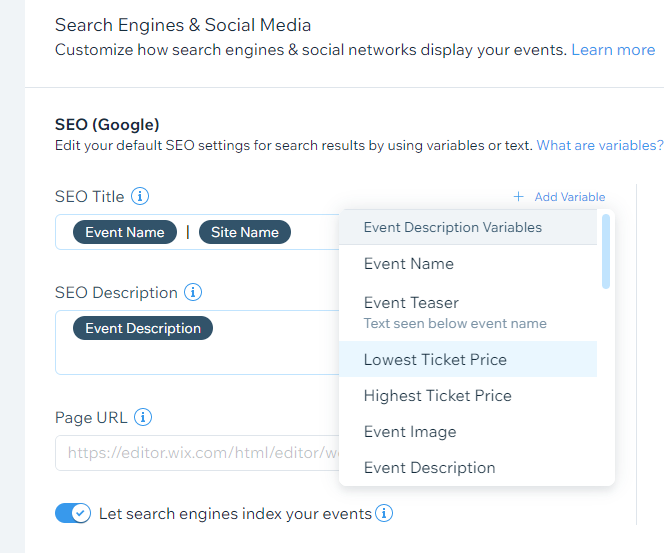 The SEO Patterns dashboard showing variables unique to ‘Event’ pages