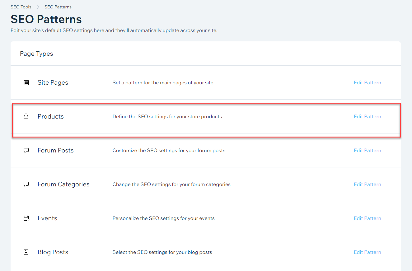 The Wix site dashboard showing the various pattern options per page category