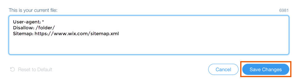 The robots.txt editor as found within the Wix dashboard