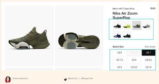 Nike product page showing multiple colour options on a single page