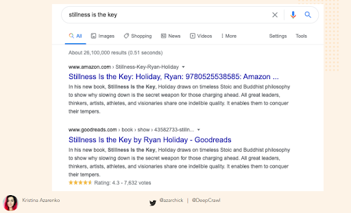 slide showing google search for stillness is the key book