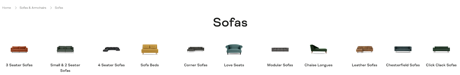 subcategory linking example on a website with multiple different sofa categories