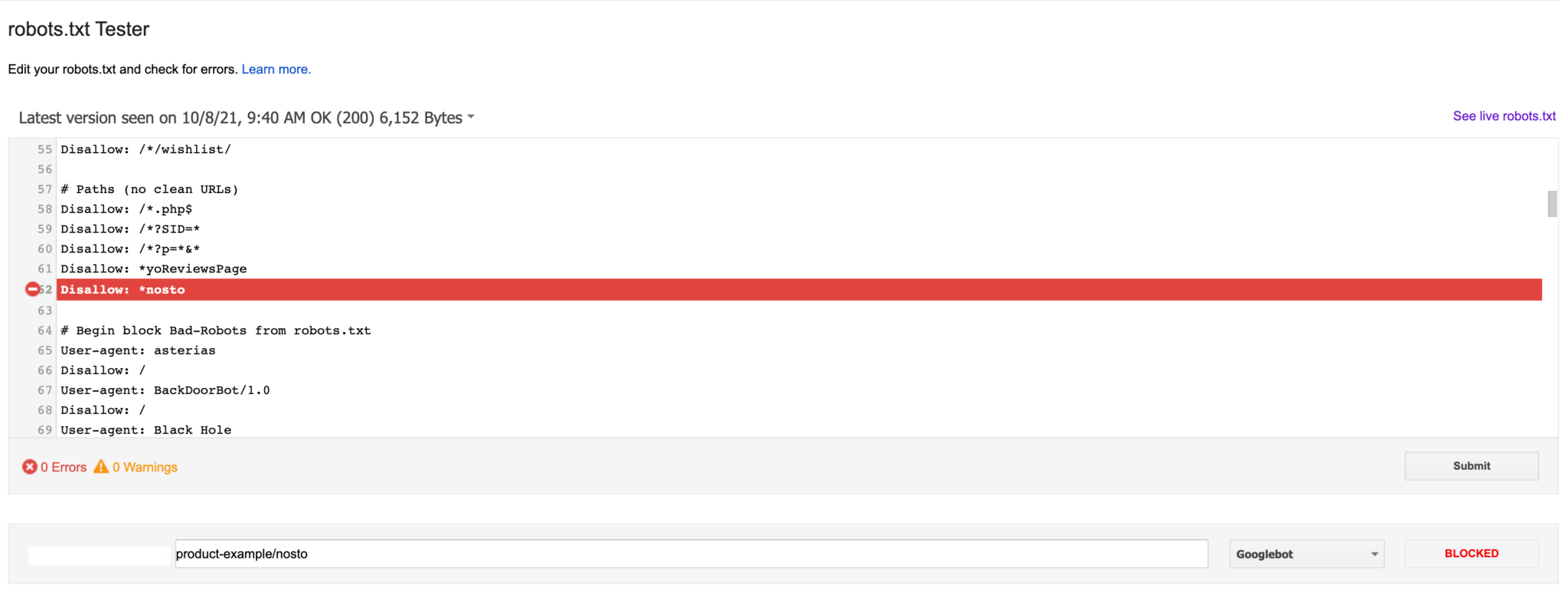 An example of robots dot txt test in Google Search Console tool