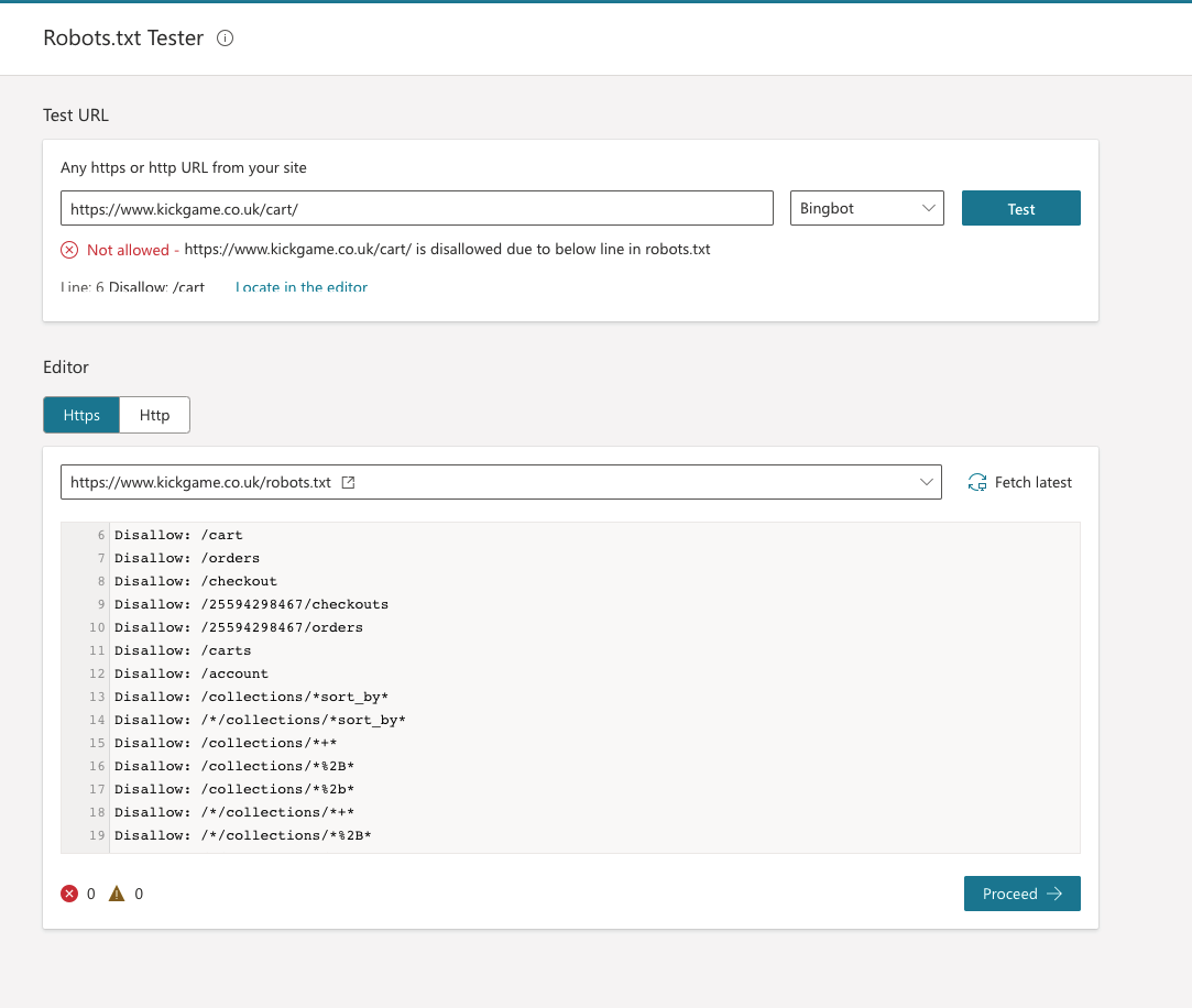 Example of robots.txt testing in Bing webmaster tools