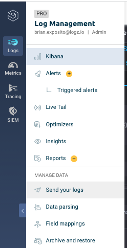 Logz.io Nav Menu - Manage Data - Send your Logs