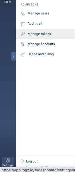 Logz.io Navigation Menu for Lumar integration- Manage Tokens