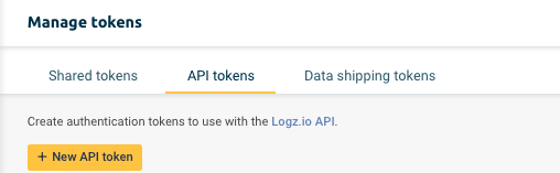 Logz.io menu for integration with Lumar - Manage API tokens