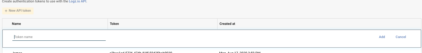 Logz.io navigation menu - Add new API token for integration with Lumar