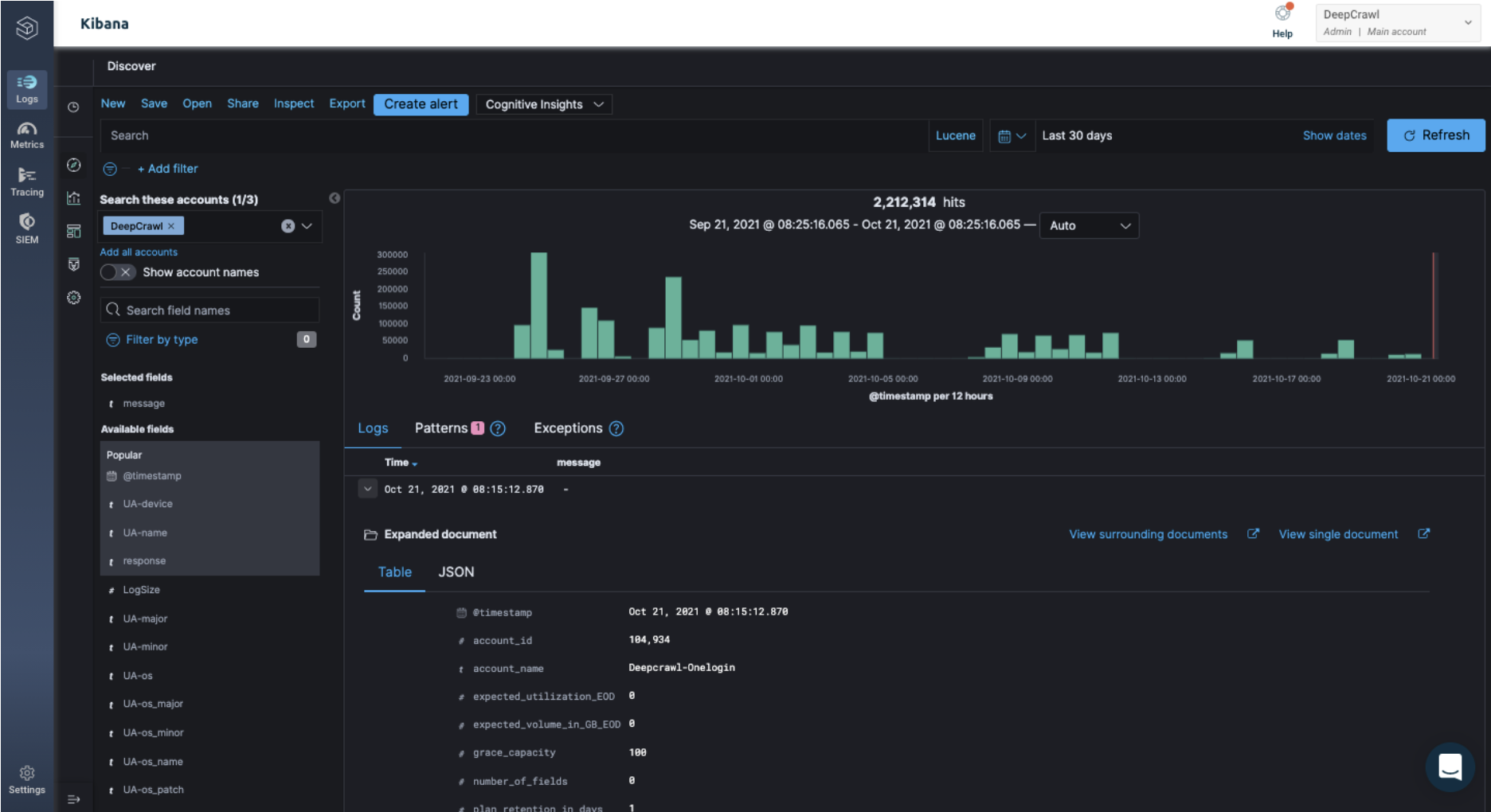 Logz.io nav menu - click on small arrow icon next to log file item