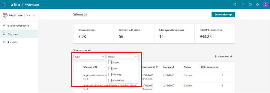 example of how to submit a sitemap to Bing