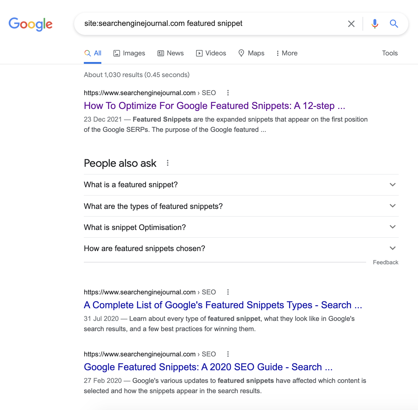 Example of using Google site search to find internal linking opportunities for SEO