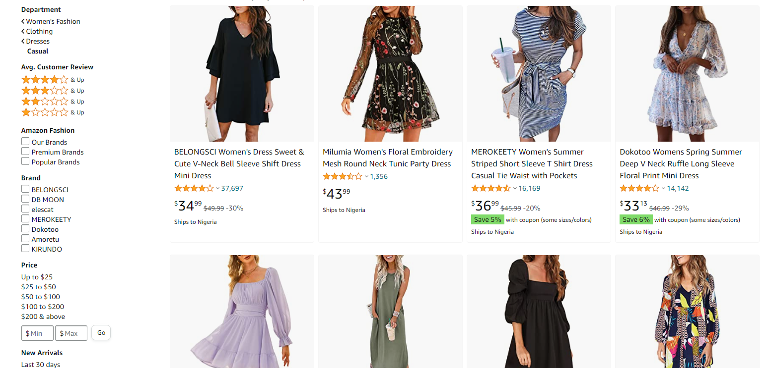 An example of faceted search on an eCommerce site - Amazon