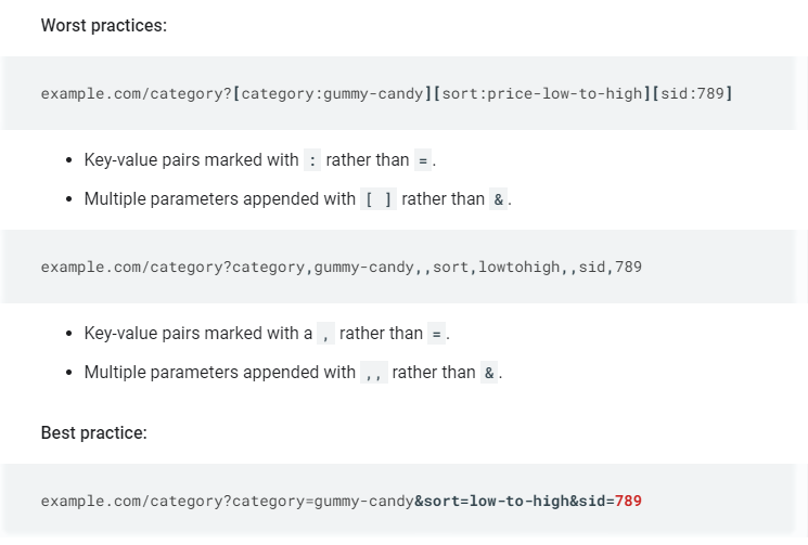 use standard URL encoding for faceted search on your website - advice from Google