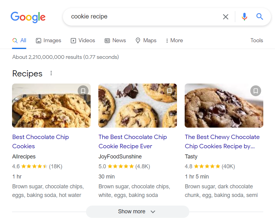 example of what a recipe rich result looks like in Google