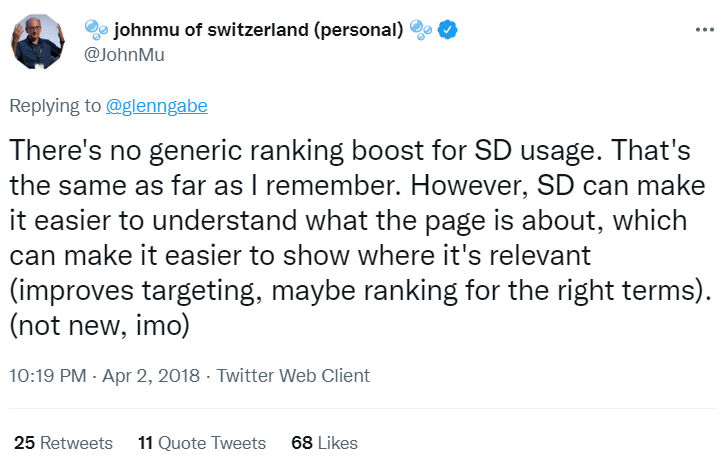 john mueller of Google's twitter comment on structured data and ranking