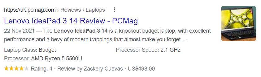 example of a product rich result in Google SERPs