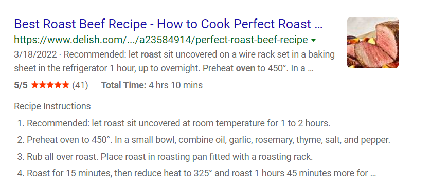 example of a recipe rich result or rich snippet in the SERPs