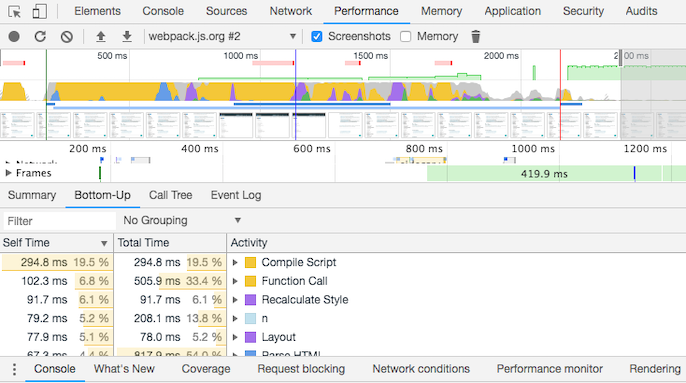 Chrome DevTools performance tab