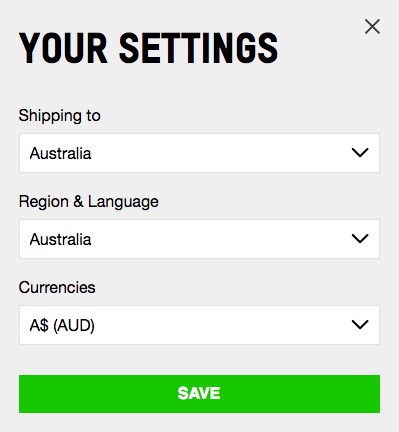 Example of a site showing a box where language and currency can be selected