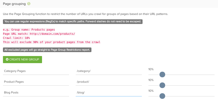 Page grouping crawl settings inLumar