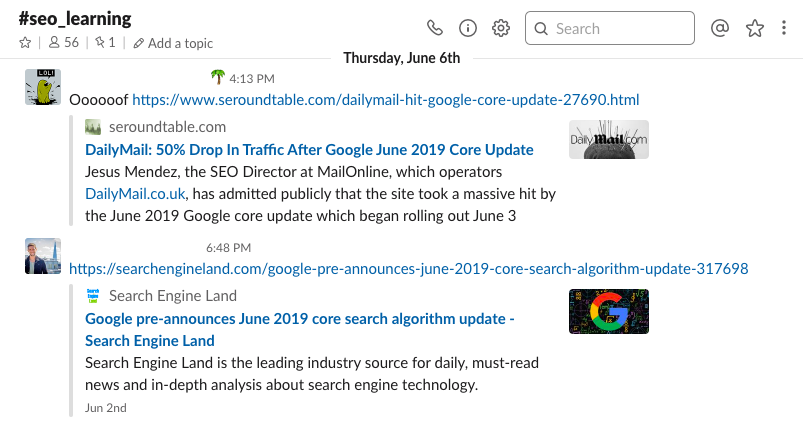 SEO Slack channel example