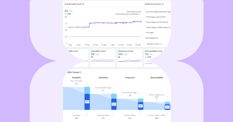 Header image for the health scores, traffic funnel, benchmark and Lumar Impact product guide, showing a screenshot of Lumar Analyze health scores and the traffic funnel.