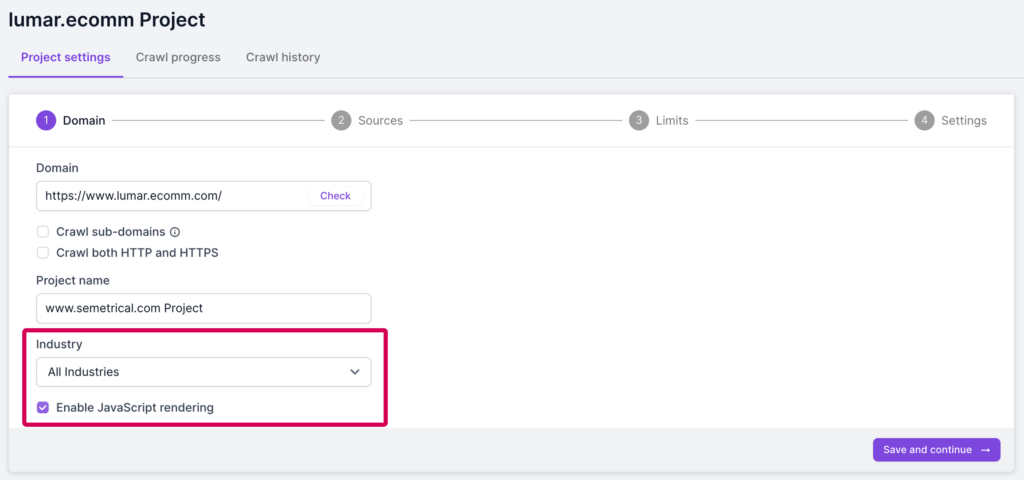 Screenshot of the Lumar Analyze project settings step 1, with the option to choose an industry for benchmarking and 'enable JavaScript rendering' options highlighted.