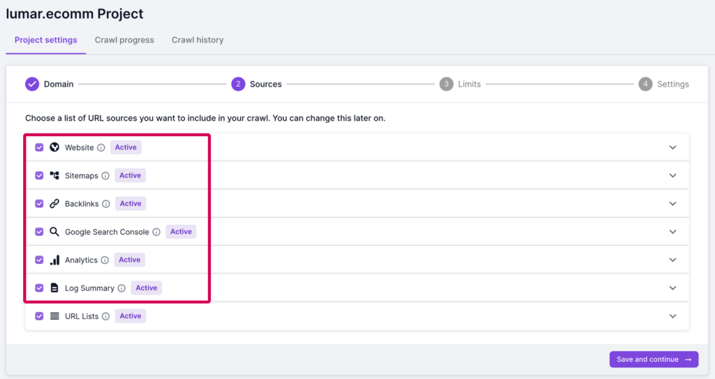 Screenshot of Lumar Analyze project settings step 2 showing the sources that can be included in a crawl. In this example, website, sitemaps, backlinks, Google Search Console, Analytics and Log Summary are highlighted. URL lists is also shown as another option. 