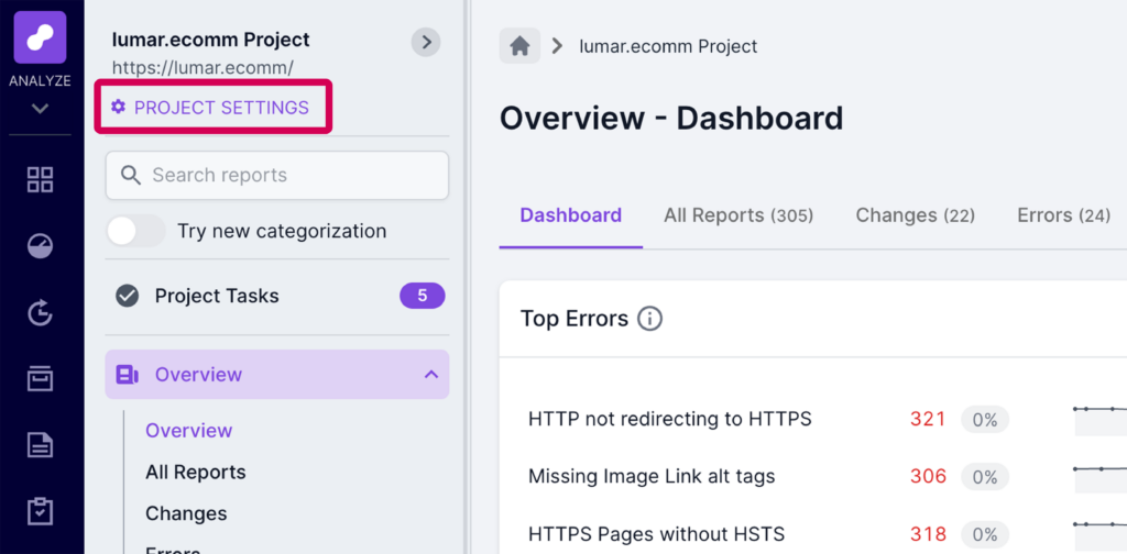 Screenshot of Lumar overview dashboard for a specific project, with the project settings option highlighted. 