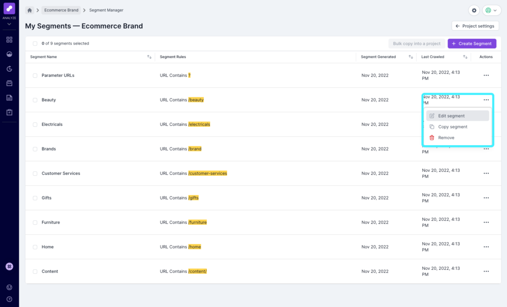 Screenshot of the My Segments page in Lumar Analyze, howing the options to edit segment, copy segment and remove highlighted. These can be accessed via the options ellipsis at the right hand side of the relevant segment.
