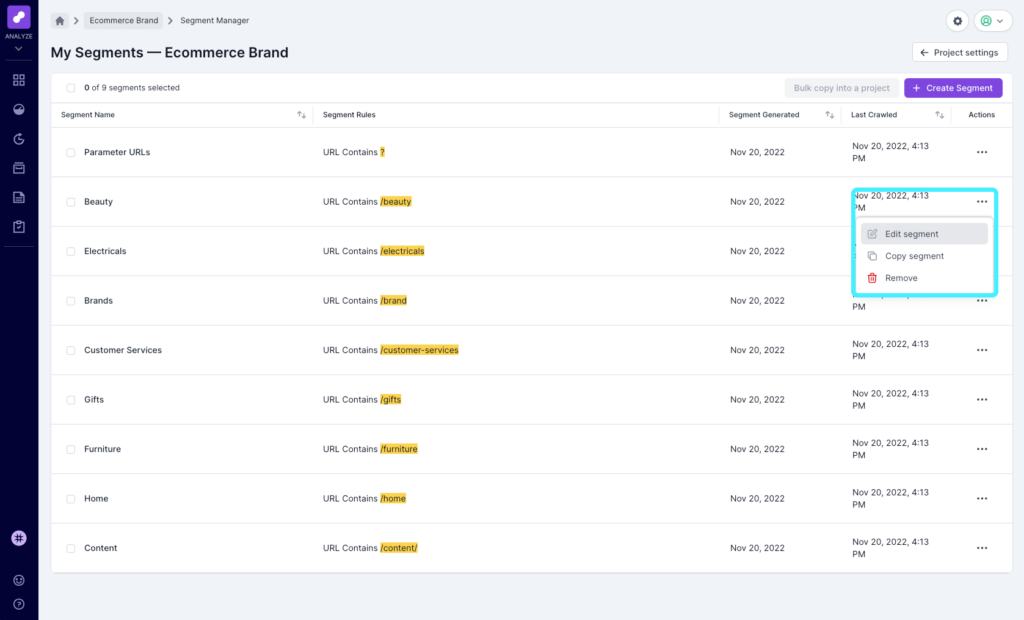 Screenshot of the My Segments page in Lumar Analyze, howing the options to edit segment, copy segment and remove highlighted. These can be accessed via the options ellipsis at the right hand side of the relevant segment. 