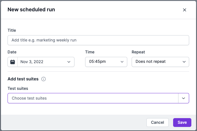 Screenshot of the Lumar Protect Scheduler modal, showing options to include a title, date, time, repetition and the test suites included in the schedule.