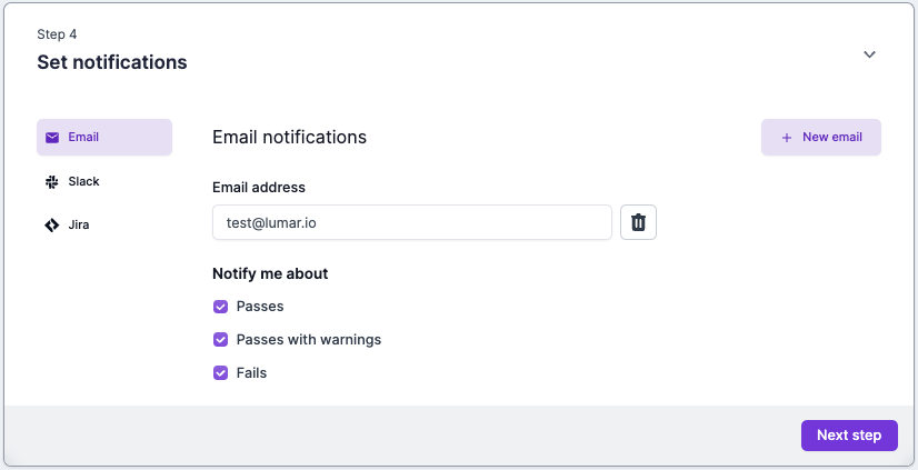 Screenshot of Lumar Protect showing step 4 of the test suite setup, with options for notifications via email, Slack or Jira.