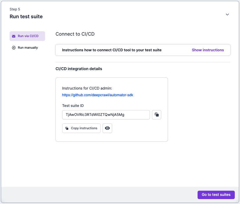 Screenshot of Lumar Protect showing step 5 of the test suite setup, where users can connect Protect to the CI/CD pipeline.