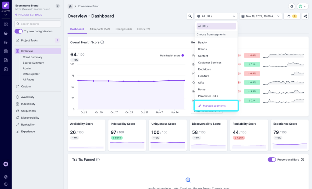 Screenshot of the Lumar Analyze overview dashboard, showing the Segment selector with the option to manage segments highlighted.