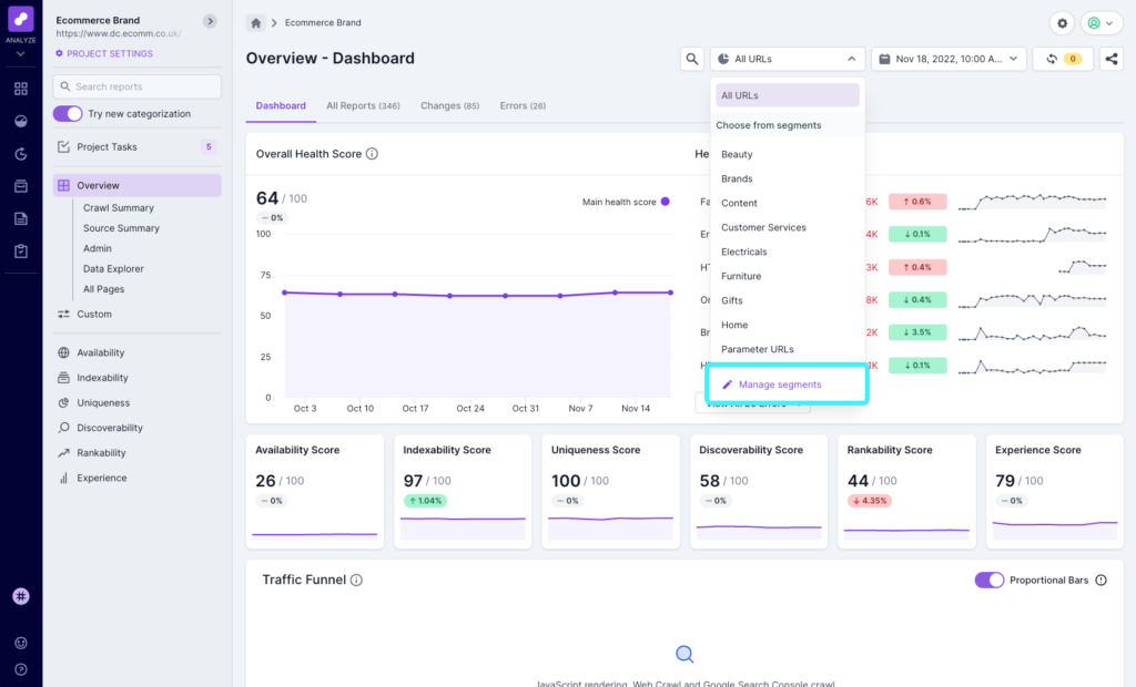 Screenshot of the Lumar Analyze overview dashboard, showing the Segment selector with the option to manage segments highlighted. 